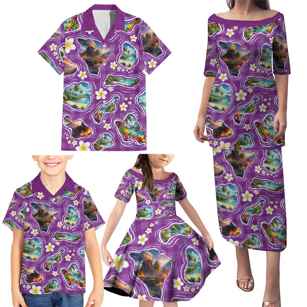 Hawaiian Island Shapes-Iconic Landscape Family Matching Puletasi and Hawaiian Shirt with Plumeria and Palaka Purple Color LT03 - Polynesian Pride