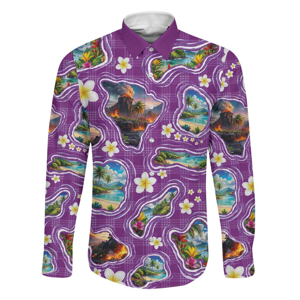 Hawaiian Island Shapes-Iconic Landscape Family Matching Puletasi and Hawaiian Shirt with Plumeria and Palaka Purple Color LT03 Dad's Shirt - Long Sleeve Purple - Polynesian Pride