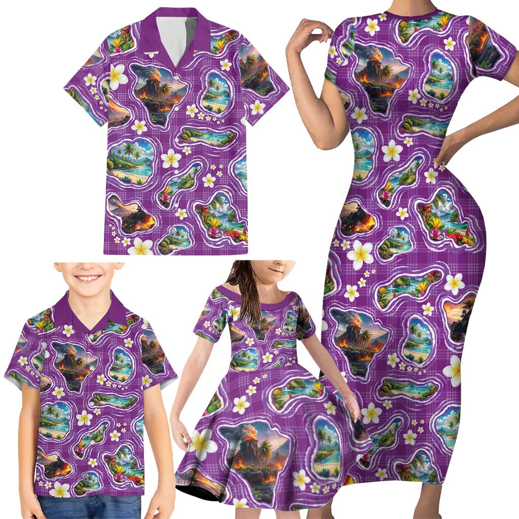 Hawaiian Island Shapes-Iconic Landscape Family Matching Short Sleeve Bodycon Dress and Hawaiian Shirt with Plumeria and Palaka Purple Color LT03 - Polynesian Pride