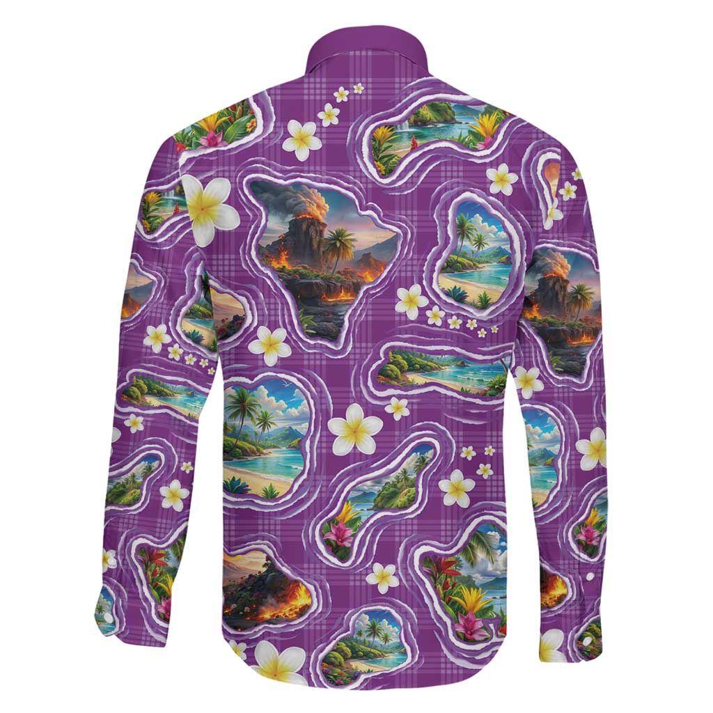 Hawaiian Island Shapes-Iconic Landscape Family Matching Short Sleeve Bodycon Dress and Hawaiian Shirt with Plumeria and Palaka Purple Color LT03 - Polynesian Pride