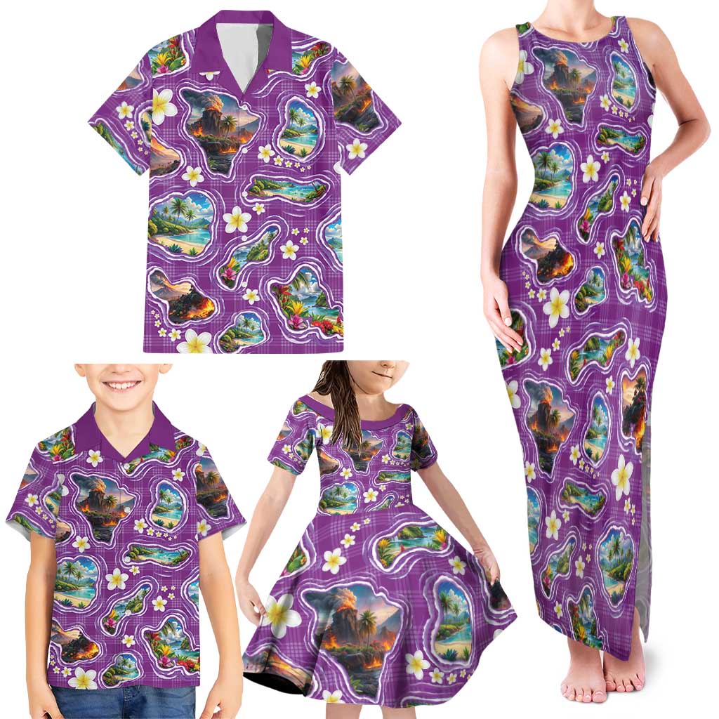 Hawaiian Island Shapes-Iconic Landscape Family Matching Tank Maxi Dress and Hawaiian Shirt with Plumeria and Palaka Purple Color LT03 - Polynesian Pride