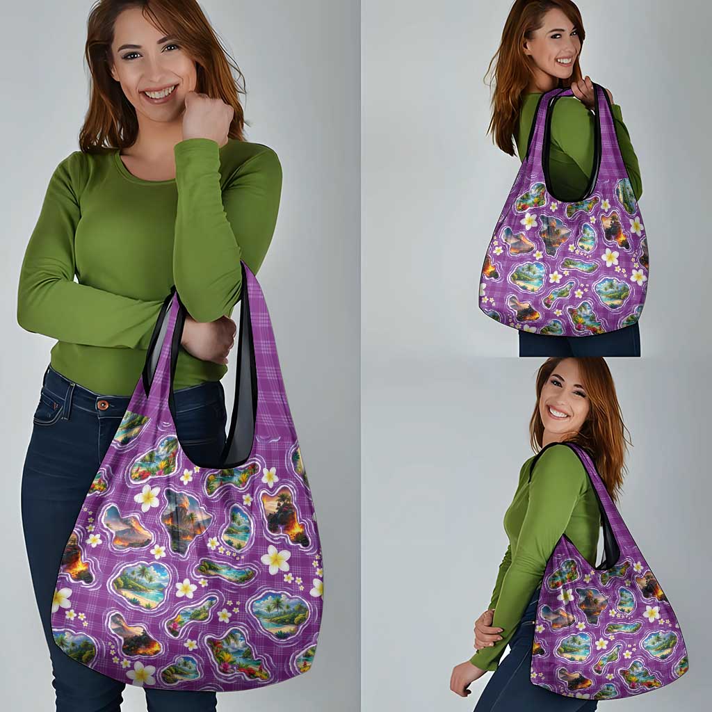 Hawaiian Island Shapes-Iconic Landscape Grocery Bag with Plumeria and Palaka Purple Color LT03 - Polynesian Pride