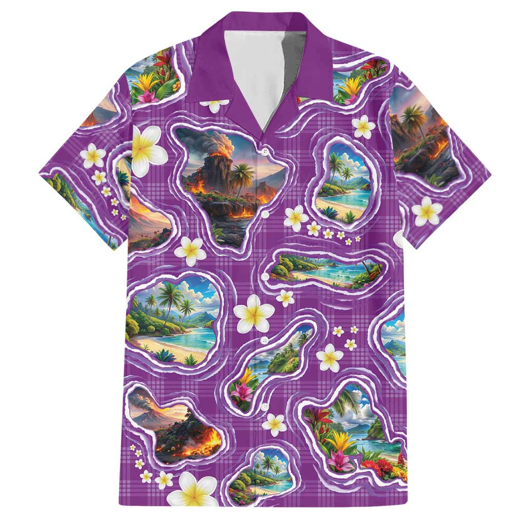 Hawaiian Island Shapes-Iconic Landscape Hawaiian Shirt with Plumeria and Palaka Purple Color LT03 Purple - Polynesian Pride