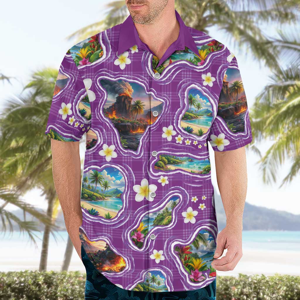Hawaiian Island Shapes-Iconic Landscape Hawaiian Shirt with Plumeria and Palaka Purple Color LT03 - Polynesian Pride
