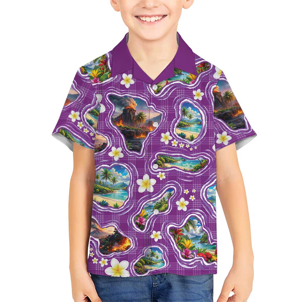 Hawaiian Island Shapes-Iconic Landscape Hawaiian Shirt with Plumeria and Palaka Purple Color LT03 - Polynesian Pride