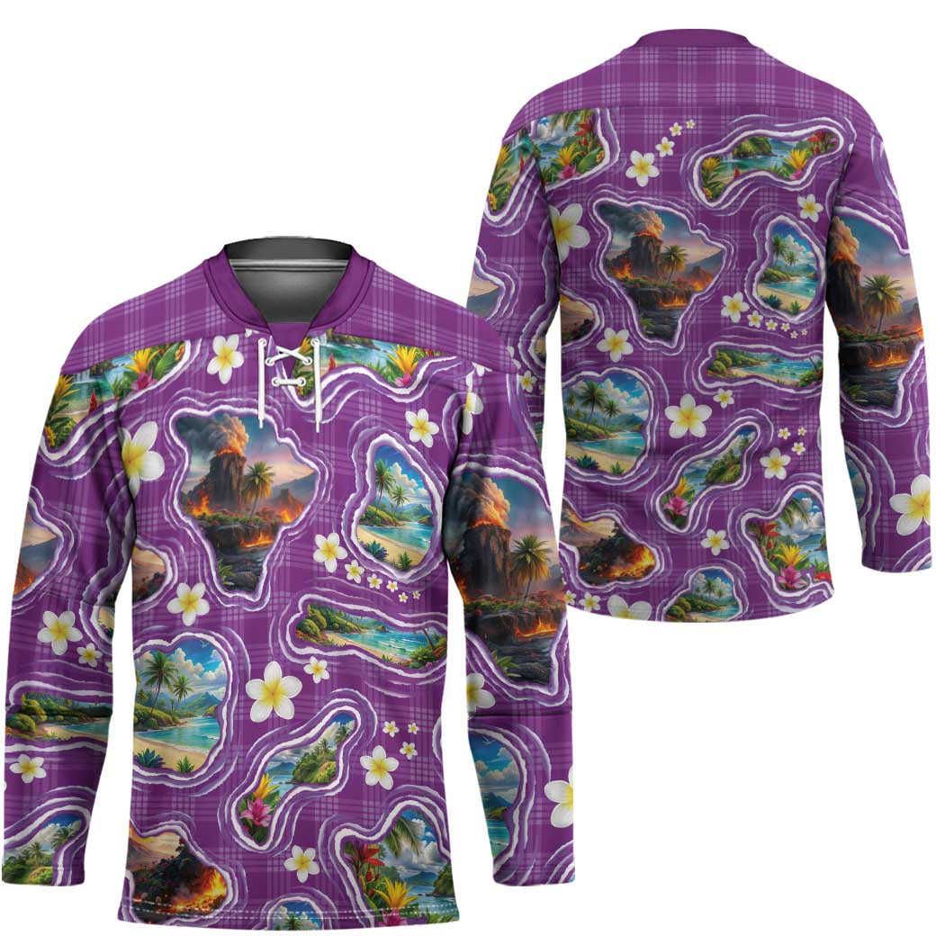 Hawaiian Island Shapes-Iconic Landscape Hockey Jersey with Plumeria and Palaka Purple Color LT03 - Polynesian Pride