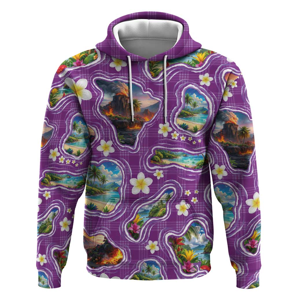 Hawaiian Island Shapes-Iconic Landscape Hoodie with Plumeria and Palaka Purple Color