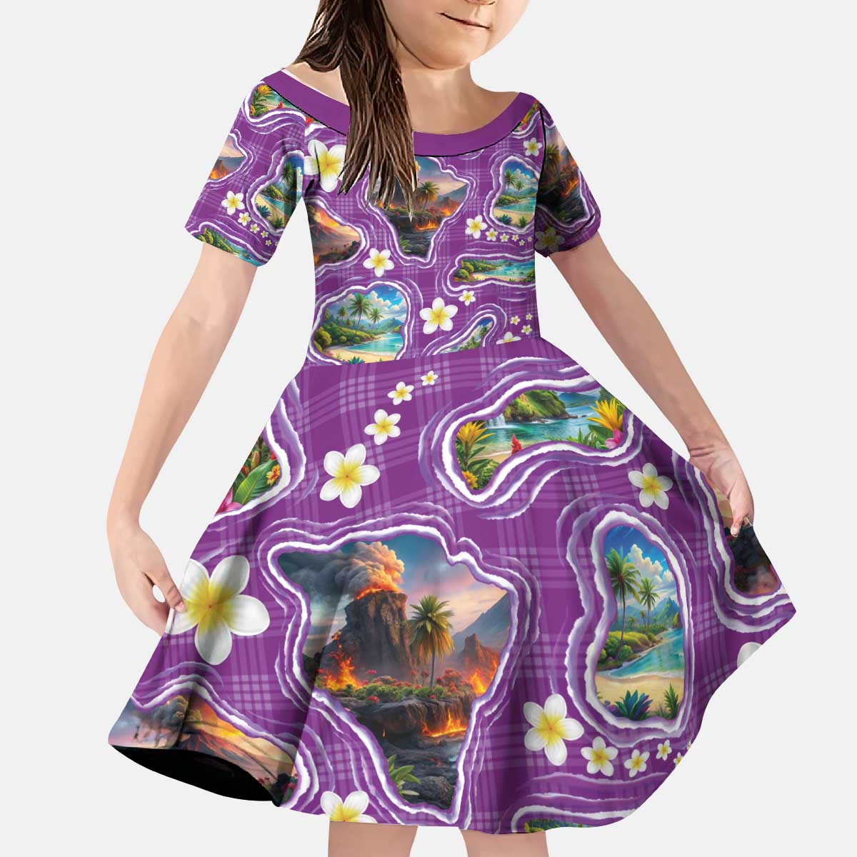 Hawaiian Island Shapes-Iconic Landscape Kid Short Sleeve Dress with Plumeria and Palaka Purple Color