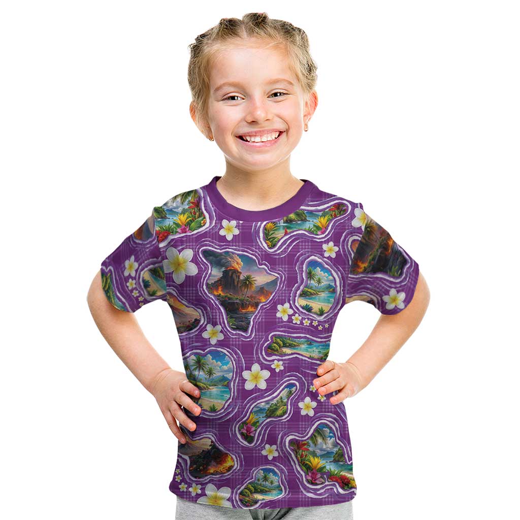 Hawaiian Island Shapes-Iconic Landscape Kid T Shirt with Plumeria and Palaka Purple Color