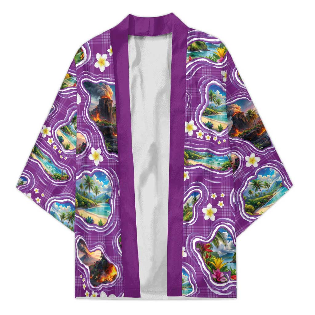 Hawaiian Island Shapes-Iconic Landscape Kimono with Plumeria and Palaka Purple Color