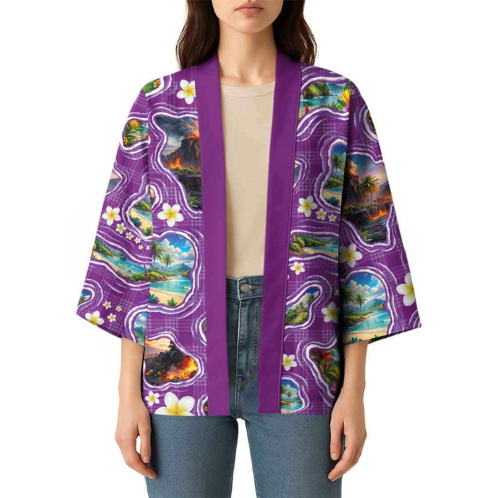 Hawaiian Island Shapes-Iconic Landscape Kimono with Plumeria and Palaka Purple Color LT03 - Polynesian Pride