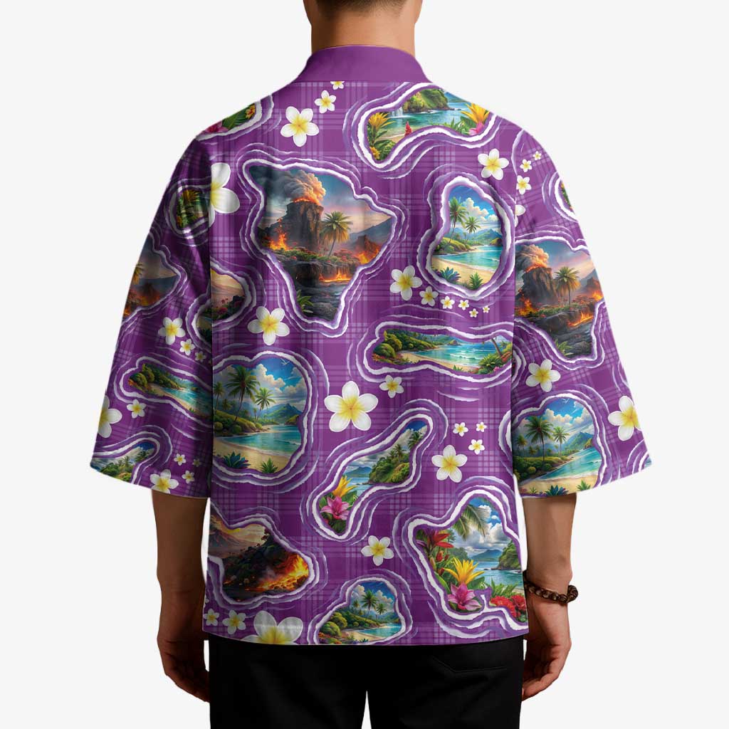 Hawaiian Island Shapes-Iconic Landscape Kimono with Plumeria and Palaka Purple Color LT03 - Polynesian Pride