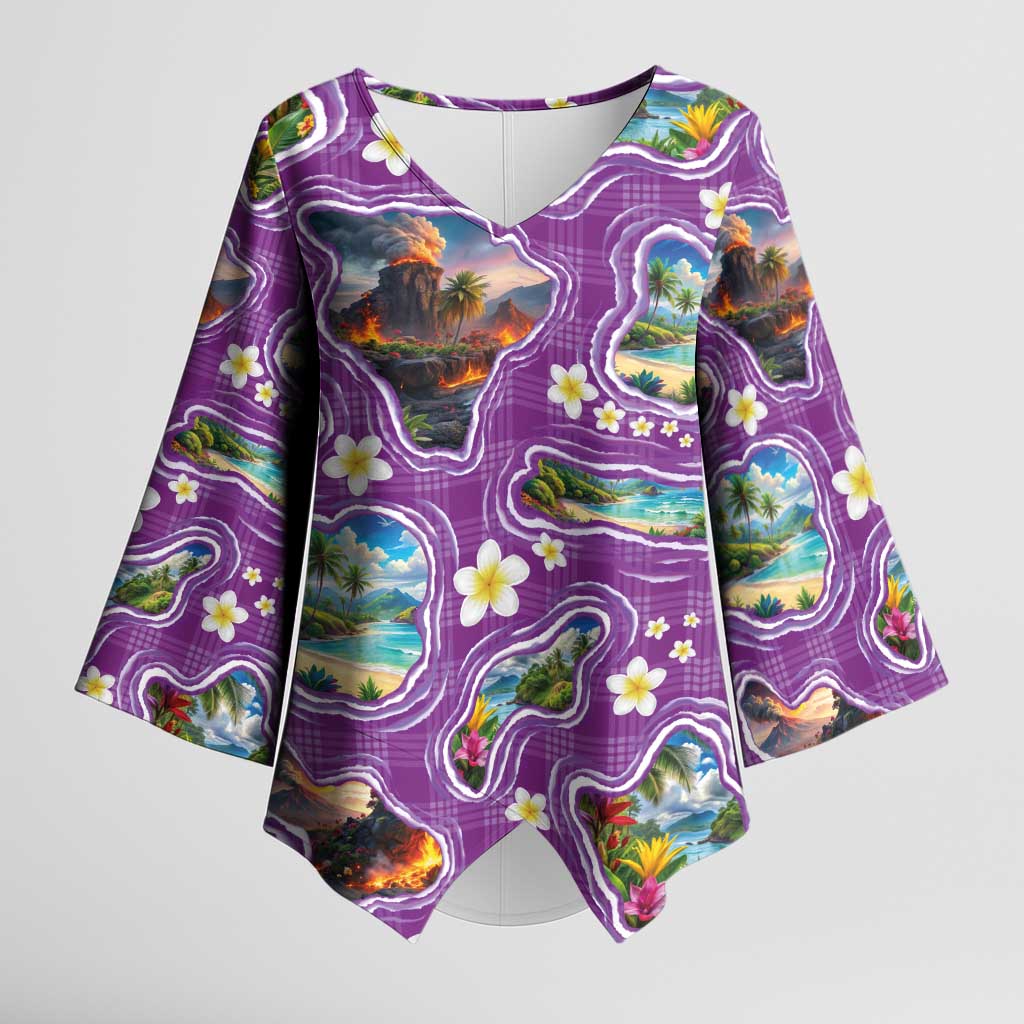 Hawaiian Island Shapes-Iconic Landscape Kimono Sleeve Blouse with Plumeria and Palaka Purple Color LT03 Female Purple - Polynesian Pride