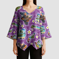 Hawaiian Island Shapes-Iconic Landscape Kimono Sleeve Blouse with Plumeria and Palaka Purple Color LT03 - Polynesian Pride