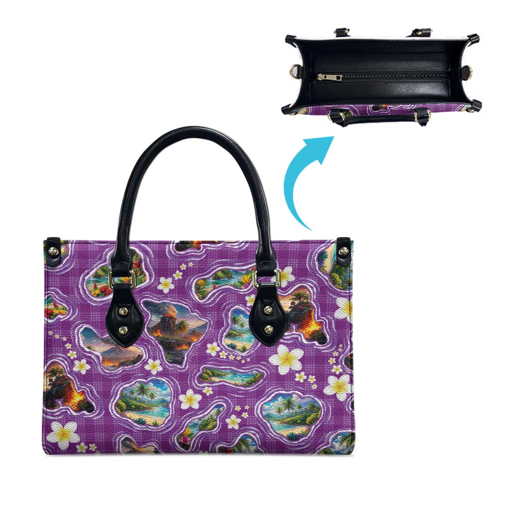 Hawaiian Island Shapes-Iconic Landscape Leather Bag with Plumeria and Palaka Purple Color LT03 - Polynesian Pride