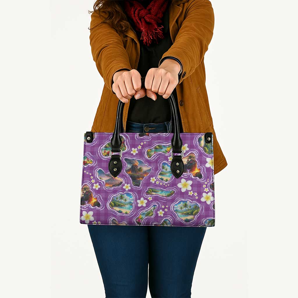 Hawaiian Island Shapes-Iconic Landscape Leather Bag with Plumeria and Palaka Purple Color LT03 - Polynesian Pride