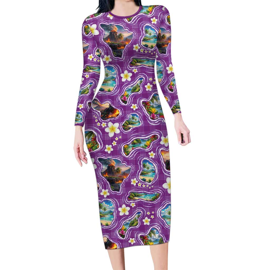 Hawaiian Island Shapes-Iconic Landscape Long Sleeve Bodycon Dress with Plumeria and Palaka Purple Color
