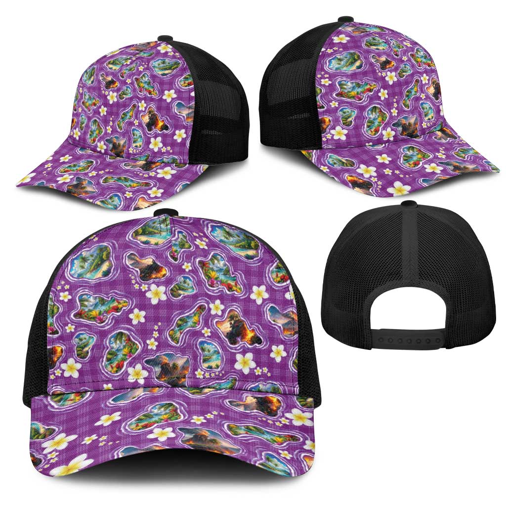 Hawaiian Island Shapes-Iconic Landscape Mesh Trucker Cap with Plumeria and Palaka Purple Color LT03 - Polynesian Pride