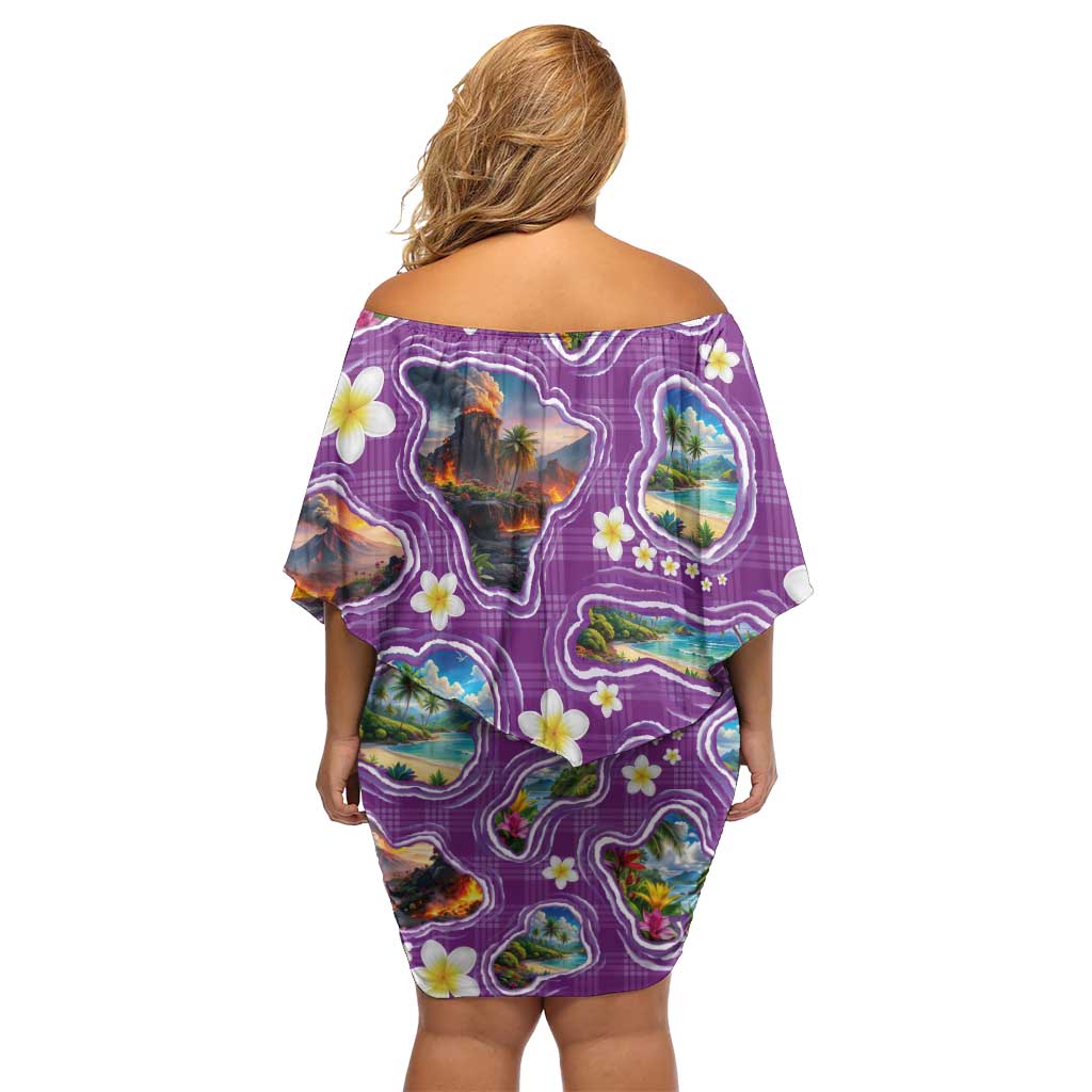 Hawaiian Island Shapes-Iconic Landscape Off Shoulder Short Dress with Plumeria and Palaka Purple Color LT03 - Polynesian Pride