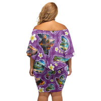 Hawaiian Island Shapes-Iconic Landscape Off Shoulder Short Dress with Plumeria and Palaka Purple Color LT03 - Polynesian Pride
