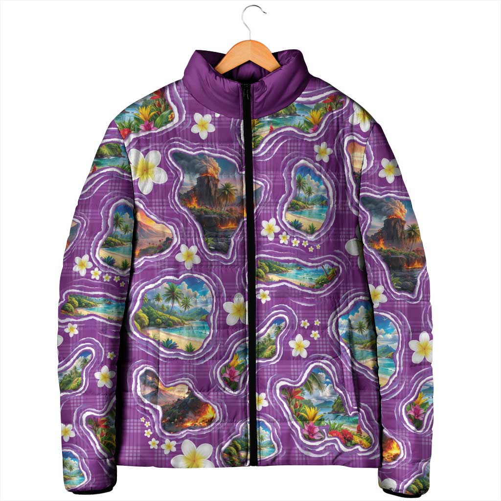 Hawaiian Island Shapes-Iconic Landscape Padded Jacket with Plumeria and Palaka Purple Color LT03 - Polynesian Pride