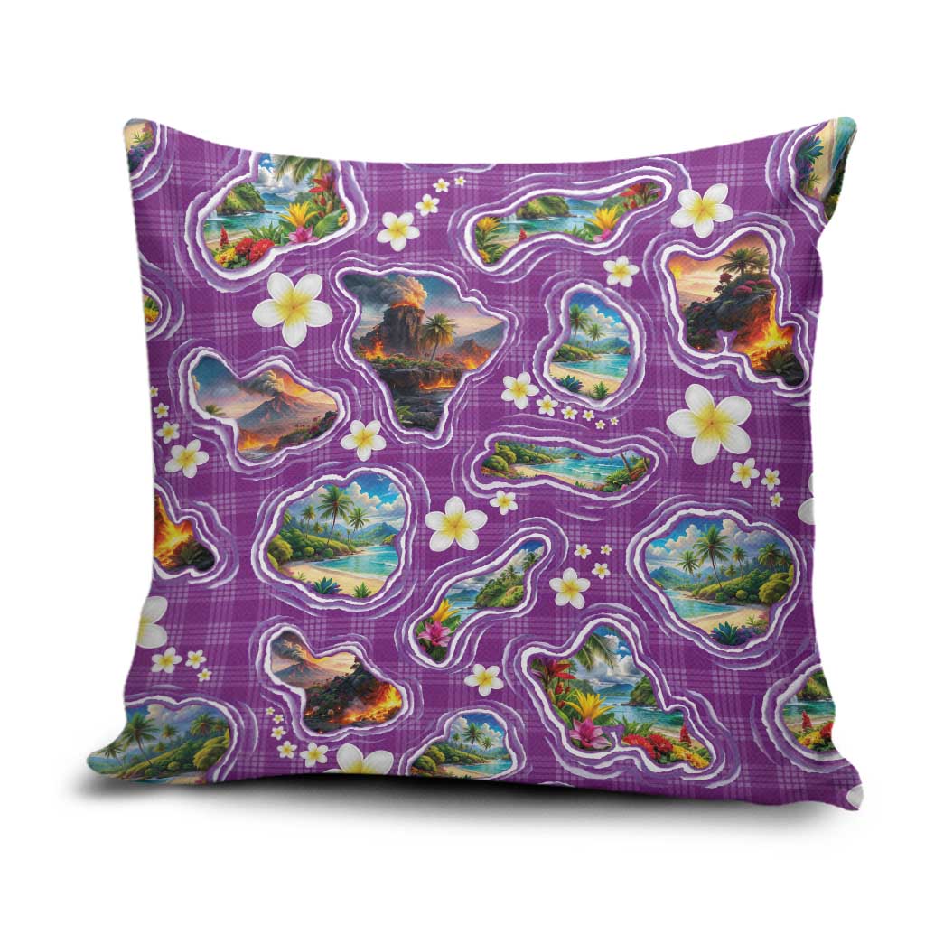 Hawaiian Island Shapes-Iconic Landscape Pillow Cover with Plumeria and Palaka Purple Color LT03 Purple - Polynesian Pride