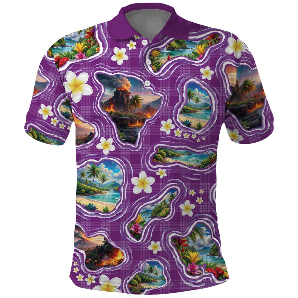 Hawaiian Island Shapes-Iconic Landscape Polo Shirt with Plumeria and Palaka Purple Color LT03 Purple - Polynesian Pride