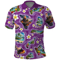 Hawaiian Island Shapes-Iconic Landscape Polo Shirt with Plumeria and Palaka Purple Color LT03 Purple - Polynesian Pride