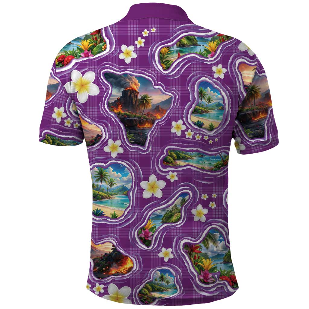 Hawaiian Island Shapes-Iconic Landscape Polo Shirt with Plumeria and Palaka Purple Color LT03 - Polynesian Pride