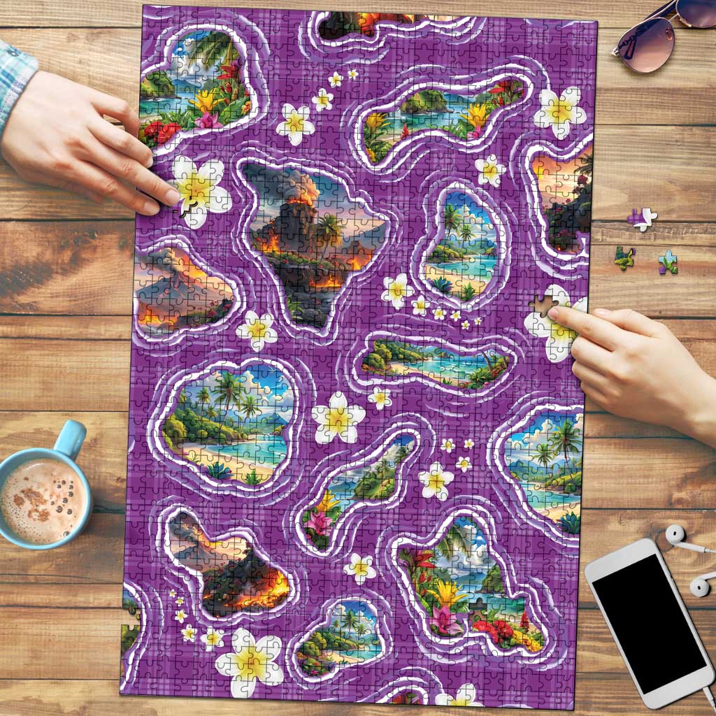 Hawaiian Island Shapes-Iconic Landscape Puzzle with Plumeria and Palaka Purple Color