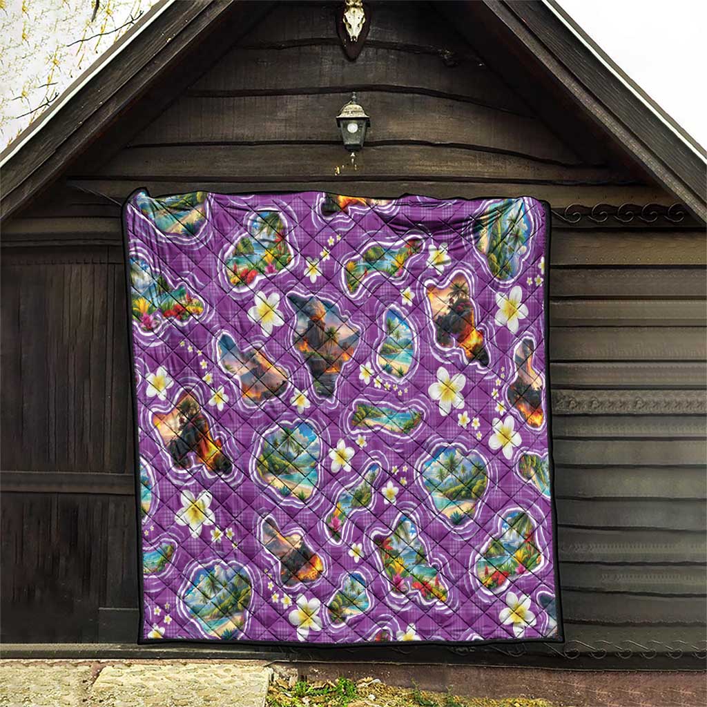 Hawaiian Island Shapes-Iconic Landscape Quilt with Plumeria and Palaka Purple Color LT03 - Polynesian Pride