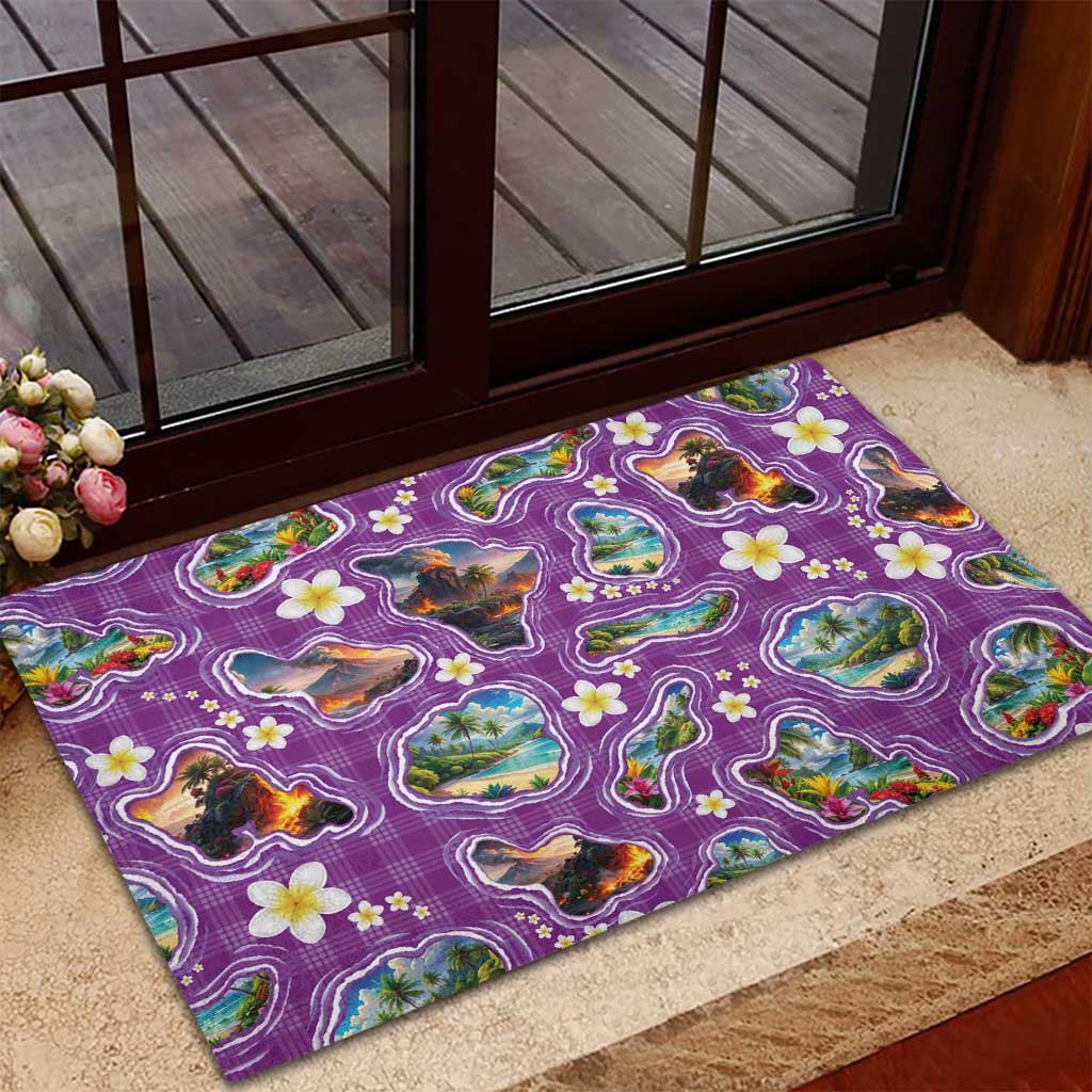 Hawaiian Island Shapes-Iconic Landscape Rubber Doormat with Plumeria and Palaka Purple Color LT03 - Polynesian Pride