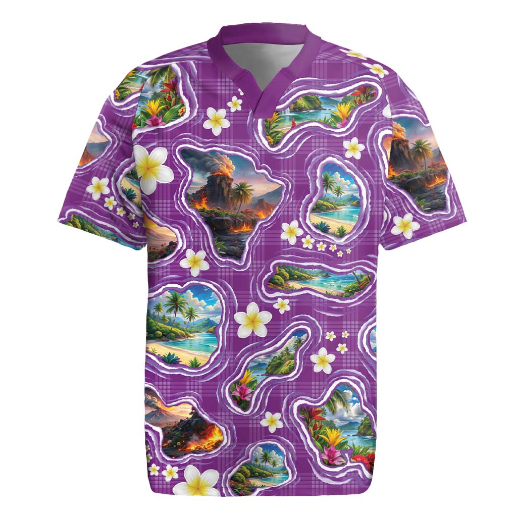 Hawaiian Island Shapes-Iconic Landscape Rugby Jersey with Plumeria and Palaka Purple Color LT03 Purple - Polynesian Pride