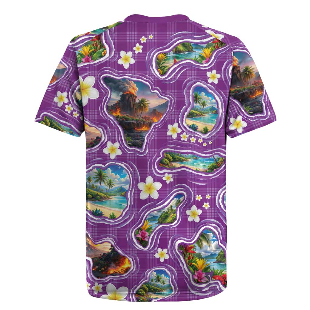 Hawaiian Island Shapes-Iconic Landscape Rugby Jersey with Plumeria and Palaka Purple Color LT03 - Polynesian Pride