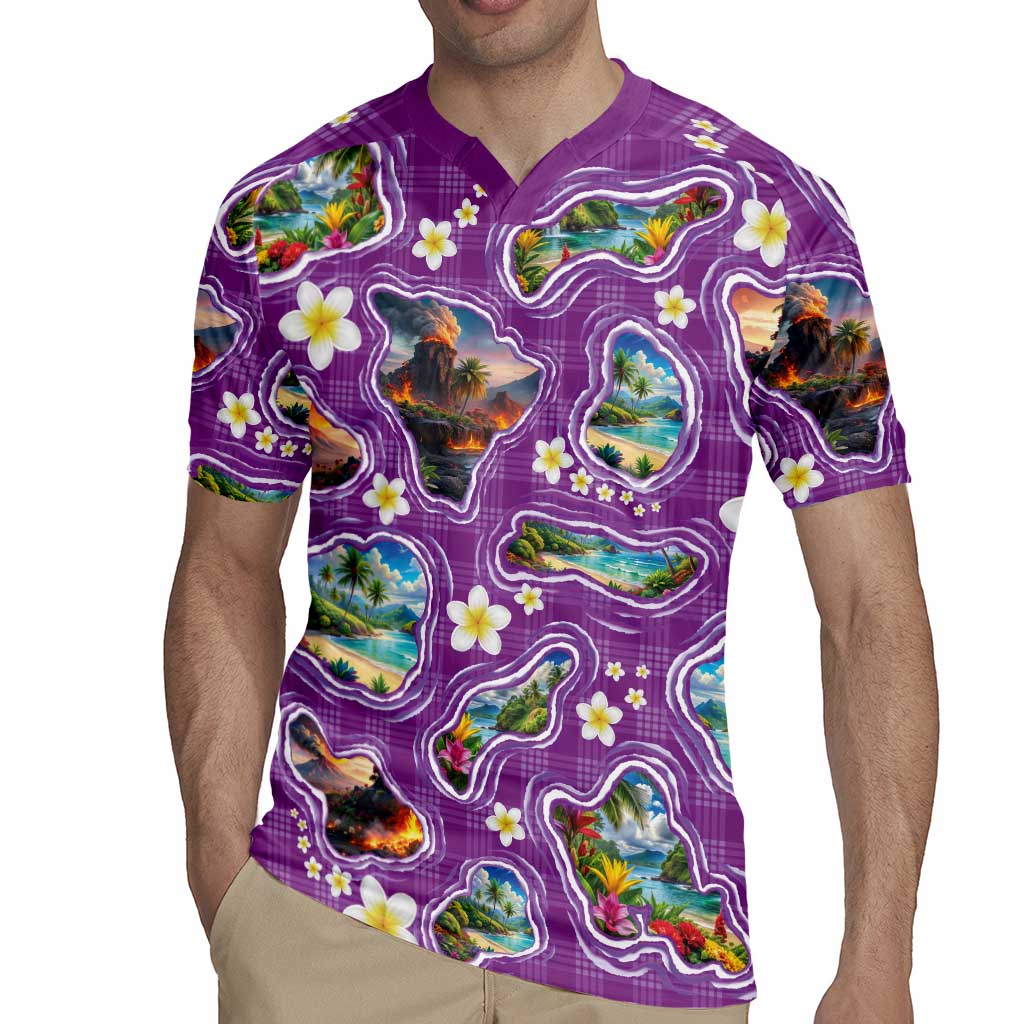 Hawaiian Island Shapes-Iconic Landscape Rugby Jersey with Plumeria and Palaka Purple Color LT03 - Polynesian Pride