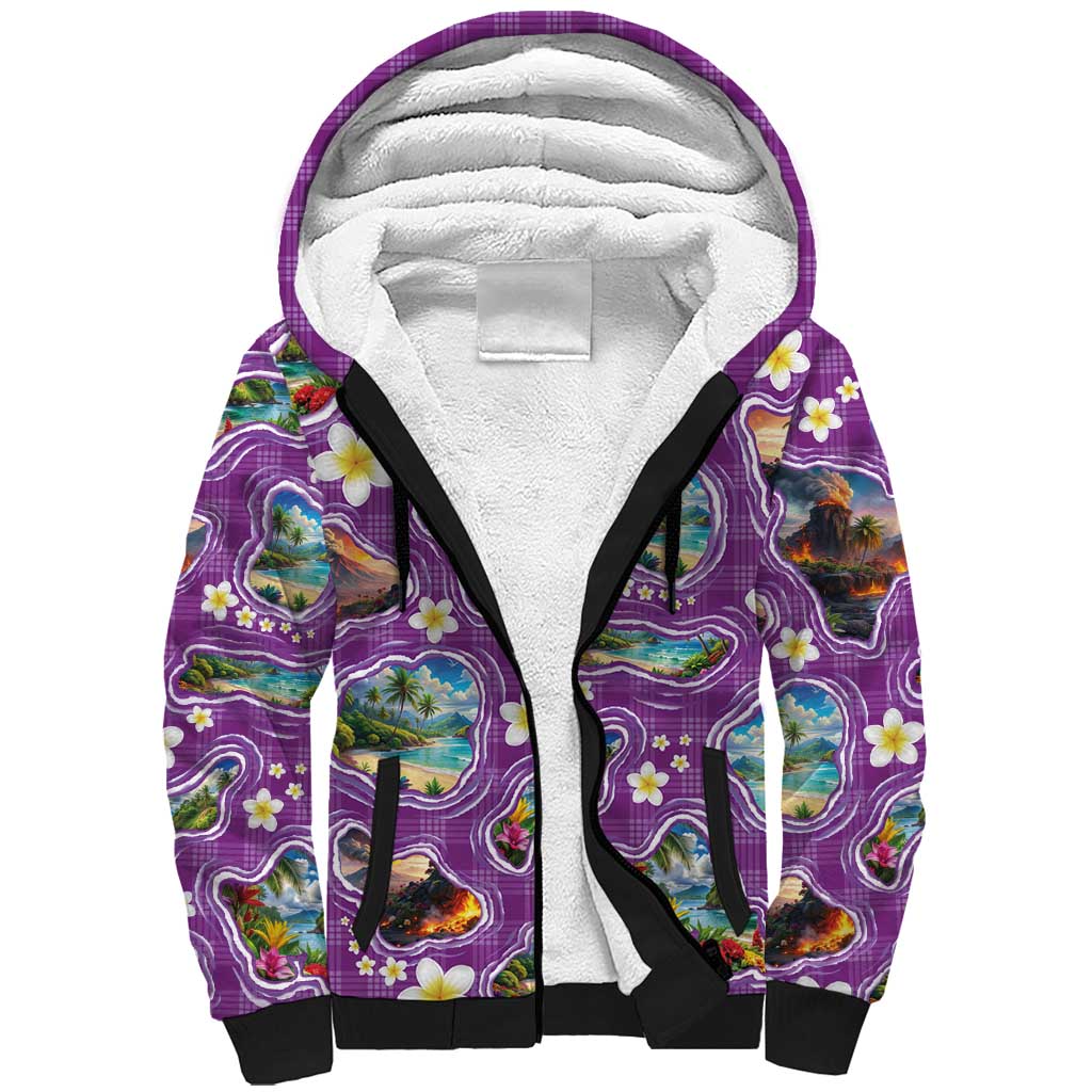 Hawaiian Island Shapes-Iconic Landscape Sherpa Hoodie with Plumeria and Palaka Purple Color