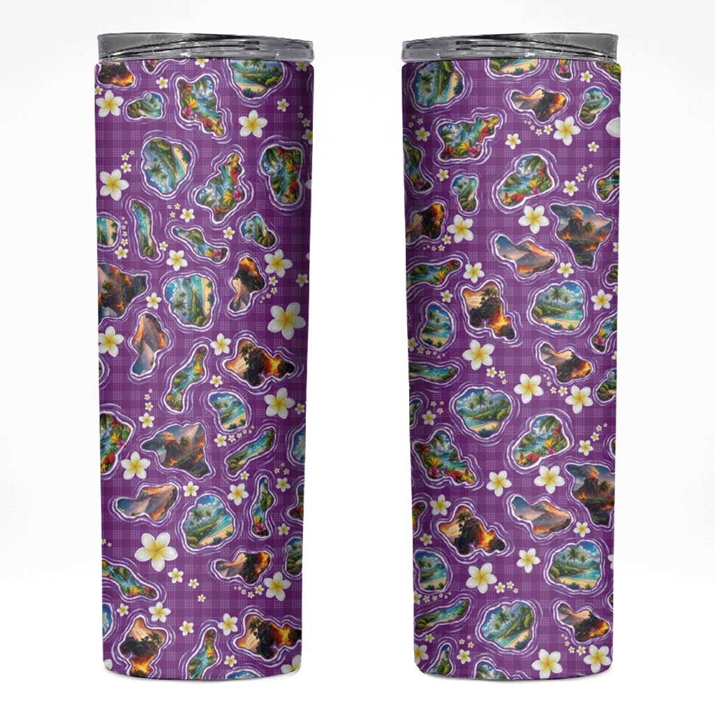Hawaiian Island Shapes-Iconic Landscape Skinny Tumbler with Plumeria and Palaka Purple Color LT03 Purple - Polynesian Pride