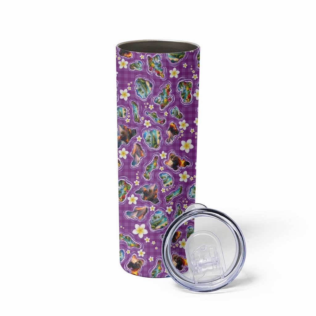 Hawaiian Island Shapes-Iconic Landscape Skinny Tumbler with Plumeria and Palaka Purple Color LT03 - Polynesian Pride
