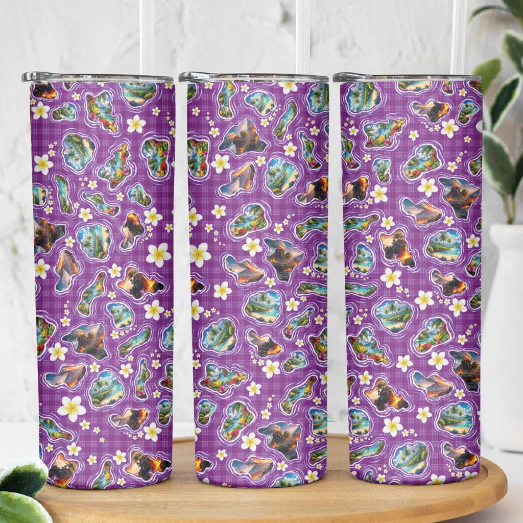 Hawaiian Island Shapes-Iconic Landscape Skinny Tumbler with Plumeria and Palaka Purple Color LT03 - Polynesian Pride