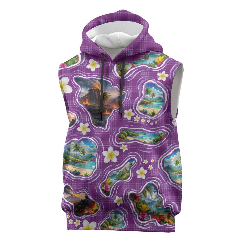 Hawaiian Island Shapes-Iconic Landscape Sleeveless Hoodie with Plumeria and Palaka Purple Color