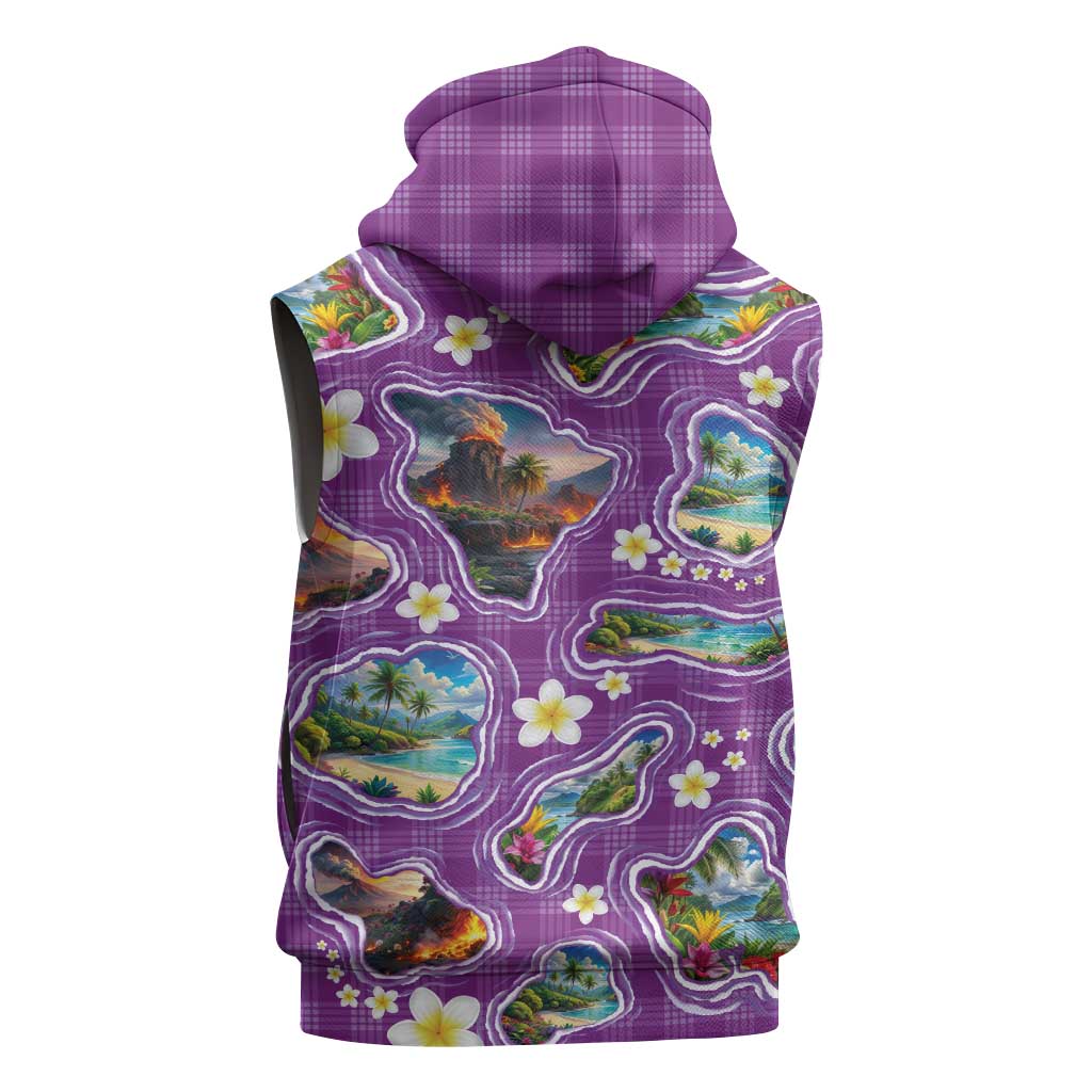 Hawaiian Island Shapes-Iconic Landscape Sleeveless Zip Hoodie with Plumeria and Palaka Purple Color LT03 - Polynesian Pride