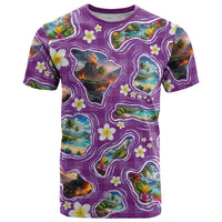 Hawaiian Island Shapes-Iconic Landscape T Shirt with Plumeria and Palaka Purple Color LT03 Purple - Polynesian Pride