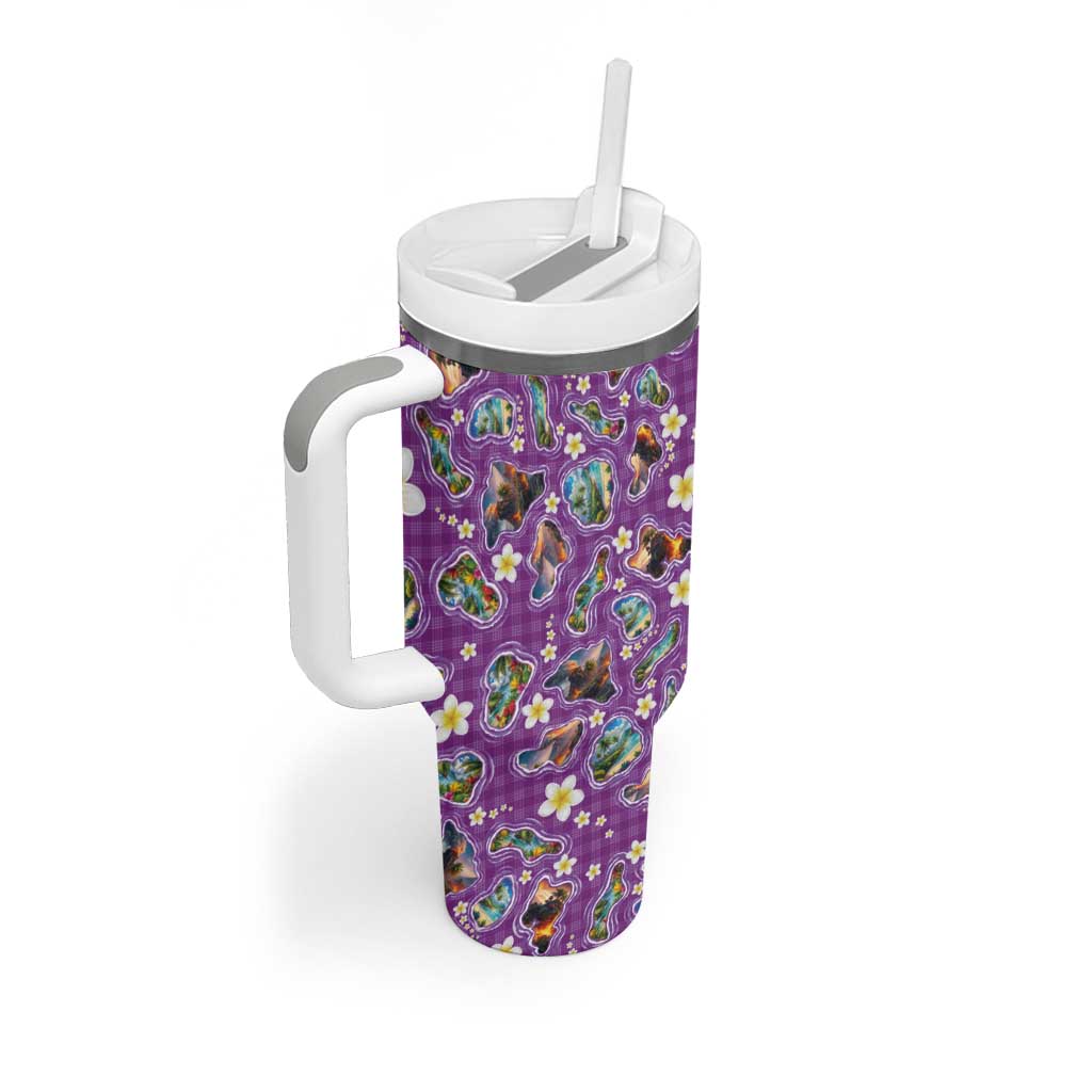 Hawaiian Island Shapes-Iconic Landscape Tumbler With Handle with Plumeria and Palaka Purple Color LT03 - Polynesian Pride