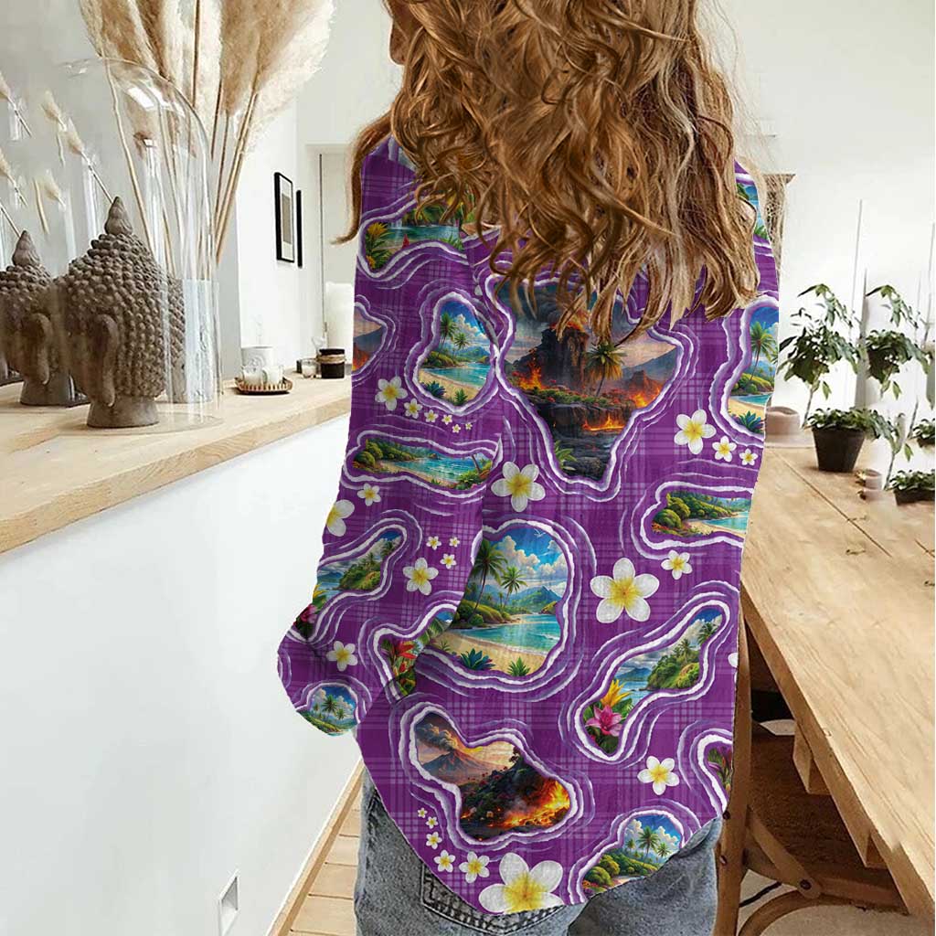Hawaiian Island Shapes-Iconic Landscape Women Casual Shirt with Plumeria and Palaka Purple Color LT03 - Polynesian Pride