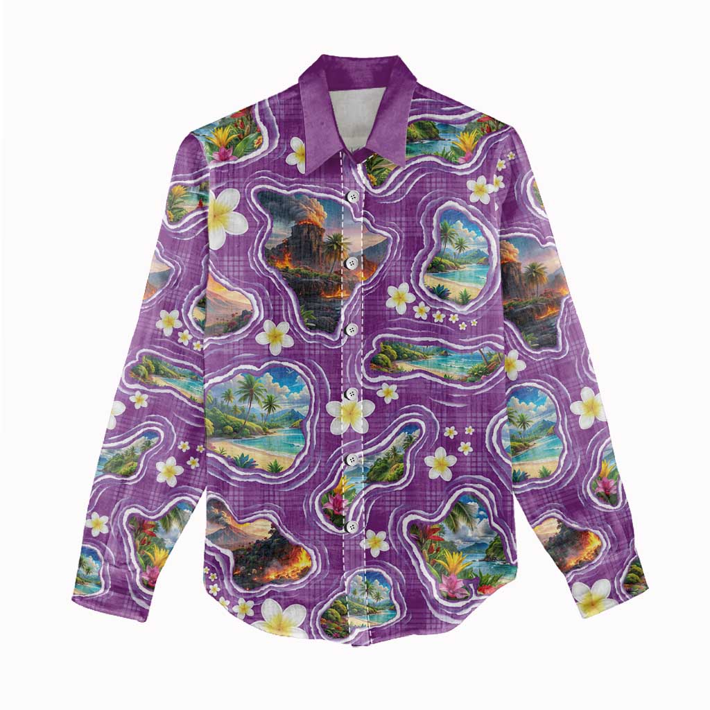 Hawaiian Island Shapes-Iconic Landscape Women Casual Shirt with Plumeria and Palaka Purple Color LT03 - Polynesian Pride