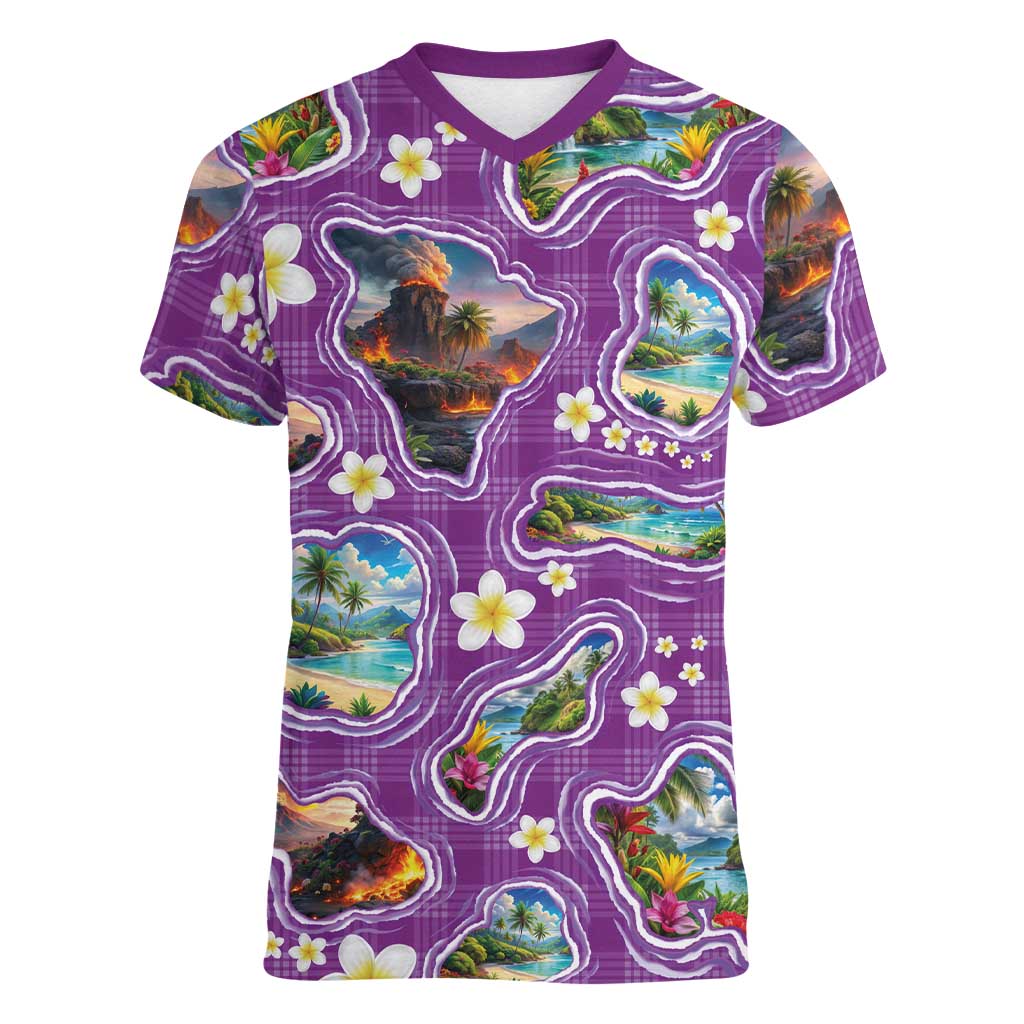Hawaiian Island Shapes-Iconic Landscape Women V-Neck T-Shirt with Plumeria and Palaka Purple Color LT03 Female Purple - Polynesian Pride