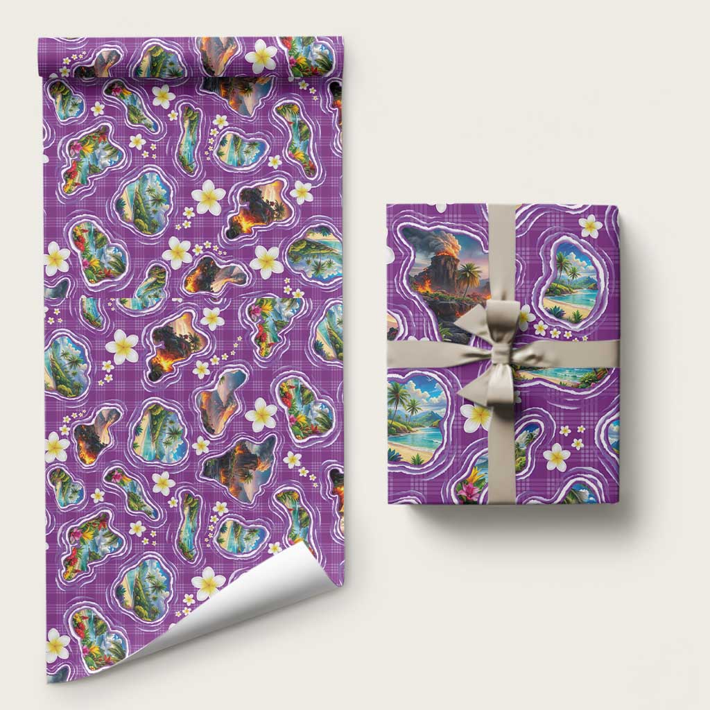 Hawaiian Island Shapes-Iconic Landscape Wrapping Paper with Plumeria and Palaka Purple Color LT03 58" × 23" Purple - Polynesian Pride