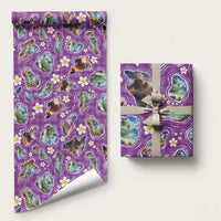 Hawaiian Island Shapes-Iconic Landscape Wrapping Paper with Plumeria and Palaka Purple Color LT03 58" × 23" Purple - Polynesian Pride