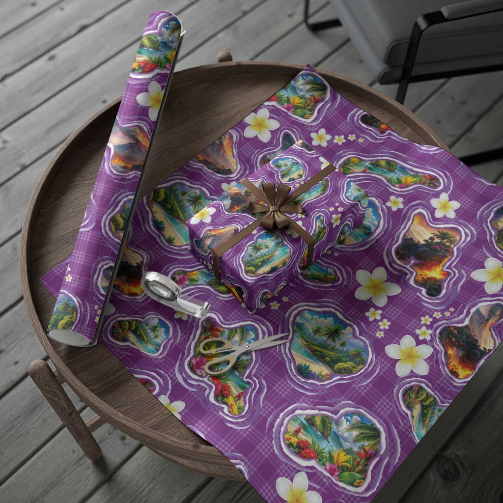 Hawaiian Island Shapes-Iconic Landscape Wrapping Paper with Plumeria and Palaka Purple Color LT03 - Polynesian Pride