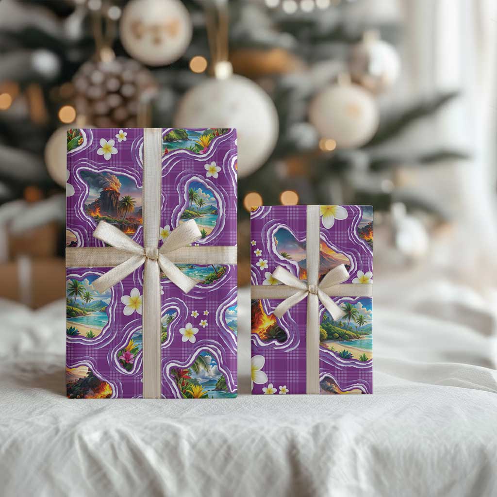 Hawaiian Island Shapes-Iconic Landscape Wrapping Paper with Plumeria and Palaka Purple Color LT03 - Polynesian Pride